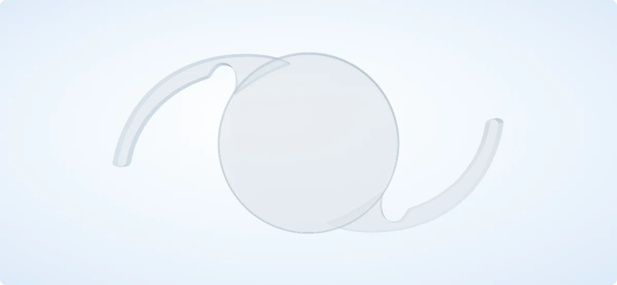 A transparent single-piece acrylic intraocular lens with two curved supporting arms